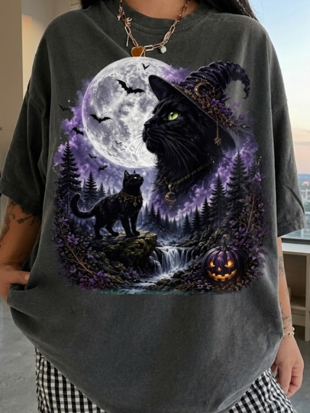 Gothic Black Cat Halloween Graphic T-Shirt | Gildan Heavy Cotton | Purple Moon